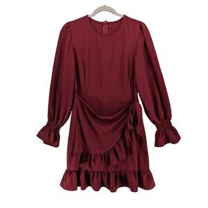 Weepinlee Wrap Dress Small Red Ruffle Bell Sleeve Boho‎ Mini Short Party Maroon